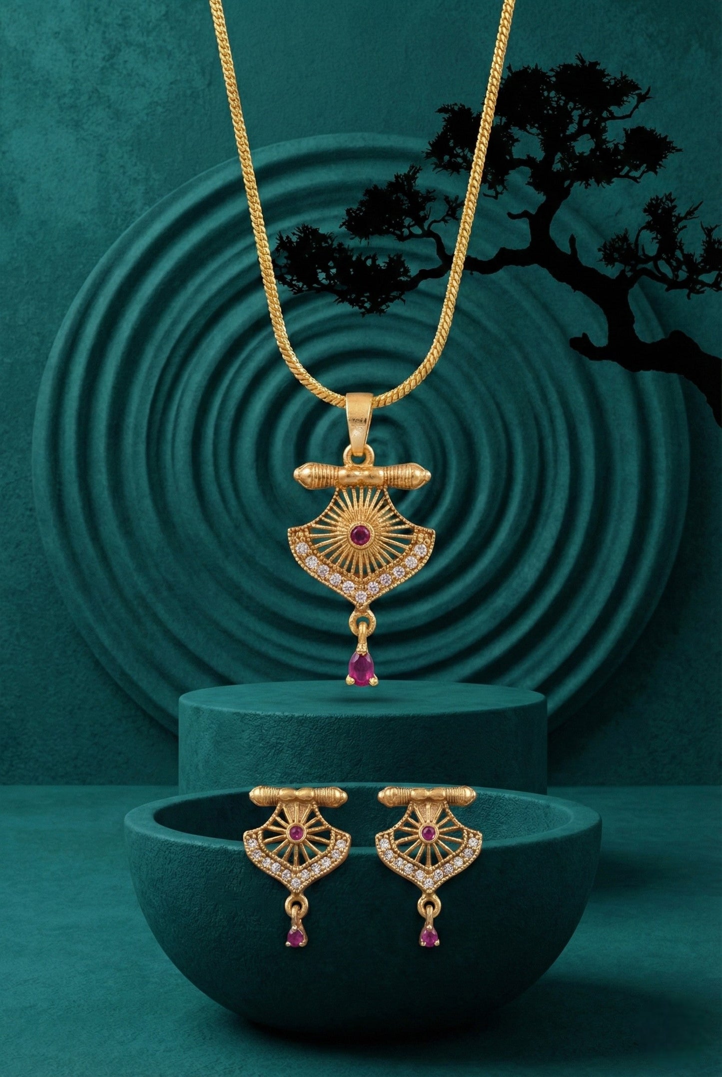 Meira Jewellery Gold Plated Stone Studded Pendant Necklace with Pink Center Accent for Women, Lightweight Party Jewellery for Festive, Wedding, Evening and Daily Styling with Premium Finish Chain-10