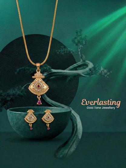 Meira Jewellery Gold Plated Stone Studded Pendant Necklace with Pink Center Accent for Women, Lightweight Party Jewellery for Festive, Wedding, Evening and Daily Styling with Premium Finish Chain-06