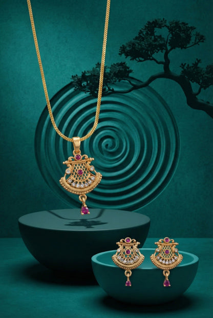 Meira Jewellery Gold Plated Stone Studded Pendant Necklace with Pink Center Accent for Women, Lightweight Party Jewellery for Festive, Wedding, Evening and Daily Styling with Premium Finish Chain-12