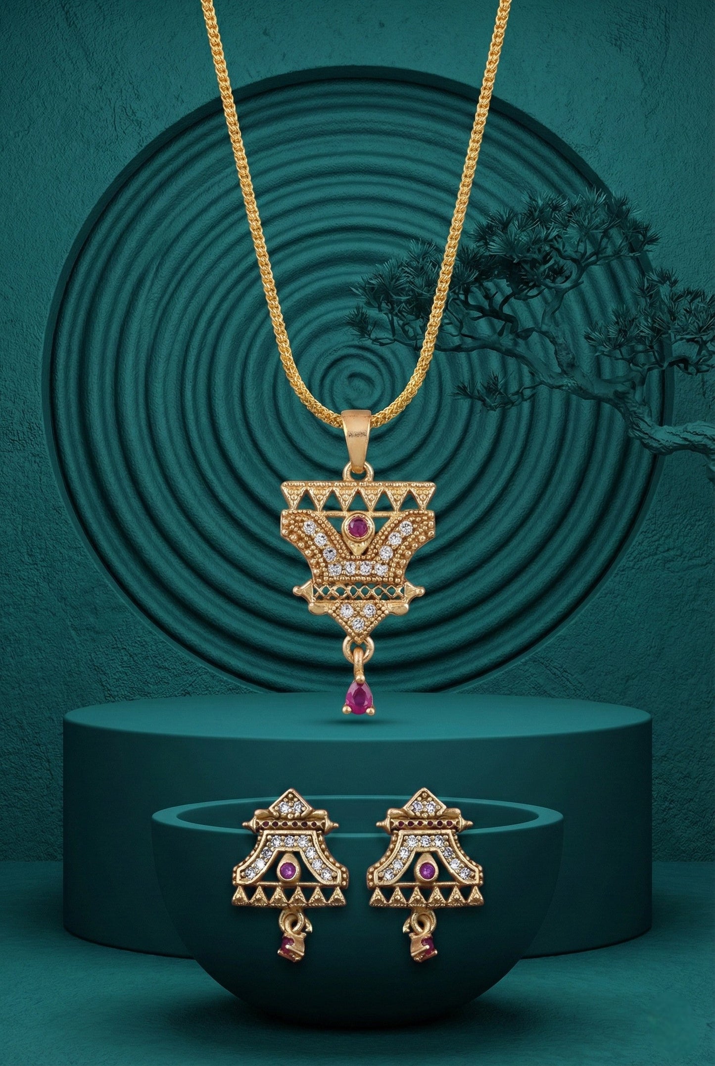 Meira Jewellery Gold Plated Stone Studded Pendant Necklace with Pink Center Accent for Women, Lightweight Party Jewellery for Festive, Wedding, Evening and Daily Styling with Premium Finish Chain-13