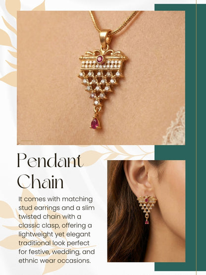 Meira Jewellery Gold Plated Stone Studded Pendant Necklace with Pink Center Accent for Women, Lightweight Party Jewellery for Festive, Wedding, Evening and Daily Styling with Premium Finish Chain-02