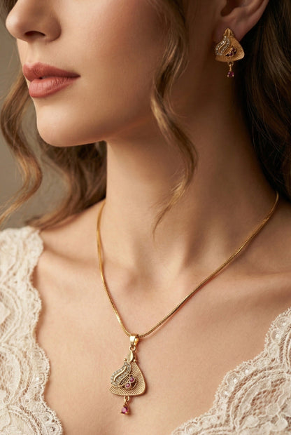 Meira Jewellery Gold Plated Stone Studded Pendant Necklace with Pink Center Accent for Women, Lightweight Party Jewellery for Festive, Wedding, Evening and Daily Styling with Premium Finish Chain-19