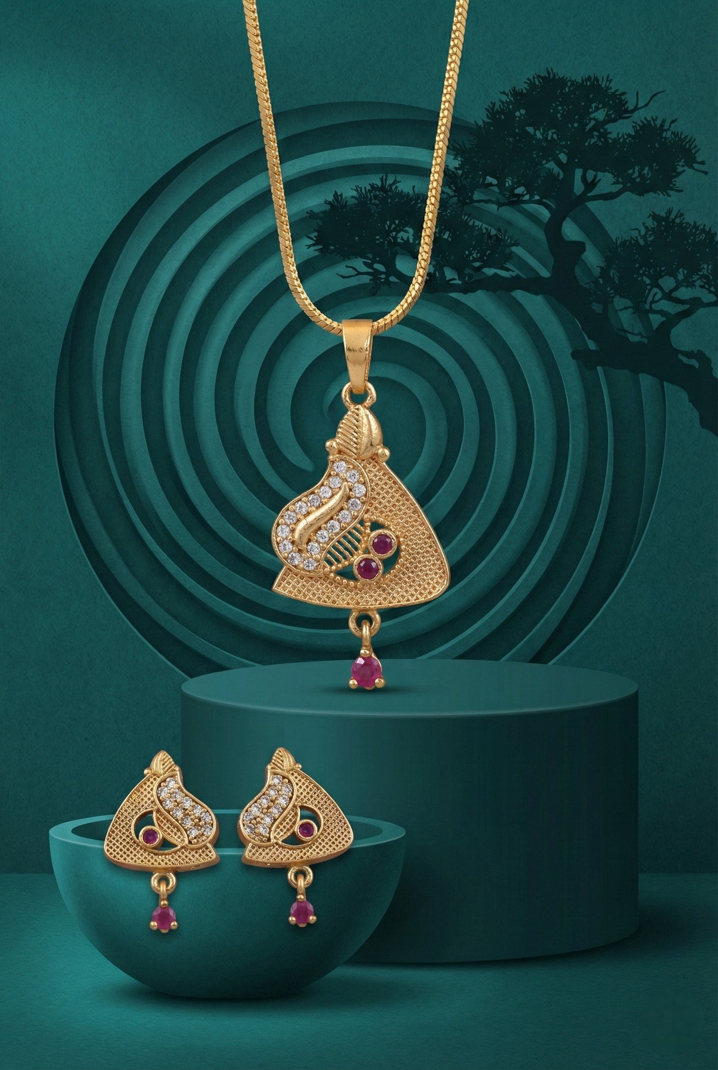Meira Jewellery Gold Plated Stone Studded Pendant Necklace with Pink Center Accent for Women, Lightweight Party Jewellery for Festive, Wedding, Evening and Daily Styling with Premium Finish Chain-19