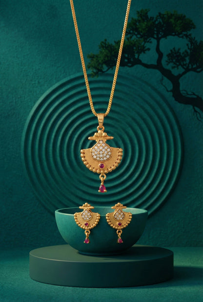 Meira Jewellery Gold Plated Stone Studded Pendant Necklace with Pink Center Accent for Women, Lightweight Party Jewellery for Festive, Wedding, Evening and Daily Styling with Premium Finish Chain-02