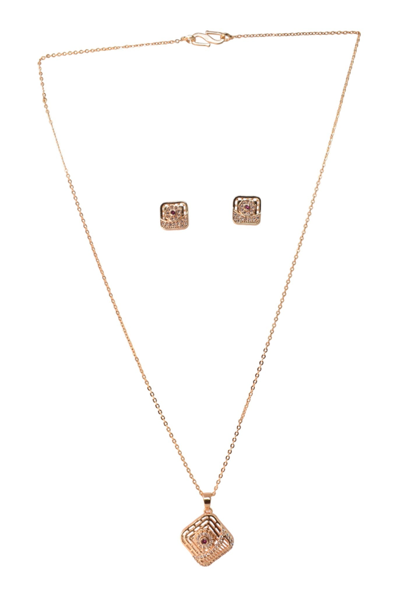 Meira Jewellery Rose Gold Plated Stone Studded Pendant Necklace with Pink Center Accent for Women, Lightweight Party Jewellery for Festive, Wedding, Evening, Daily Styling with Premium Finish Chain-01