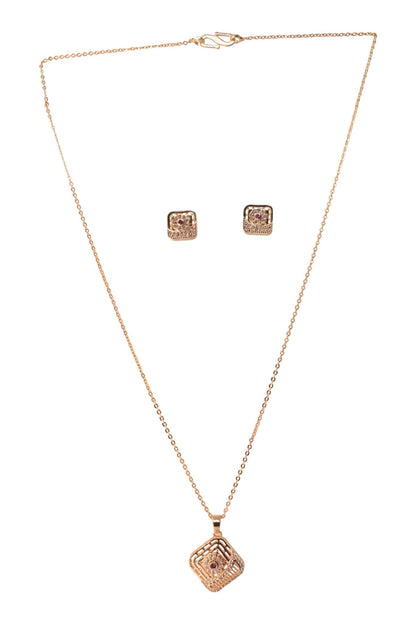 Meira Jewellery Rose Gold Plated Stone Studded Pendant Necklace with Pink Center Accent for Women, Lightweight Party Jewellery for Festive, Wedding, Evening, Daily Styling with Premium Finish Chain-01