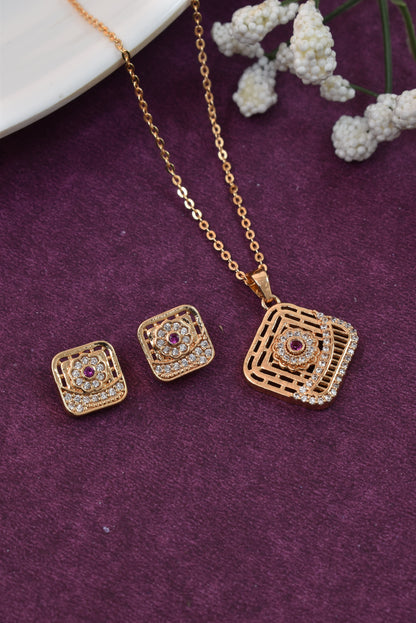 Meira Jewellery Rose Gold Plated Stone Studded Pendant Necklace with Pink Center Accent for Women, Lightweight Party Jewellery for Festive, Wedding, Evening, Daily Styling with Premium Finish Chain-01