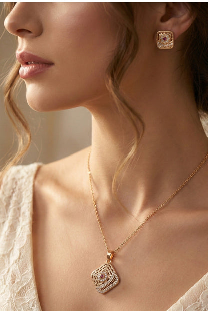 Meira Jewellery Rose Gold Plated Stone Studded Pendant Necklace with Pink Center Accent for Women, Lightweight Party Jewellery for Festive, Wedding, Evening, Daily Styling with Premium Finish Chain-01