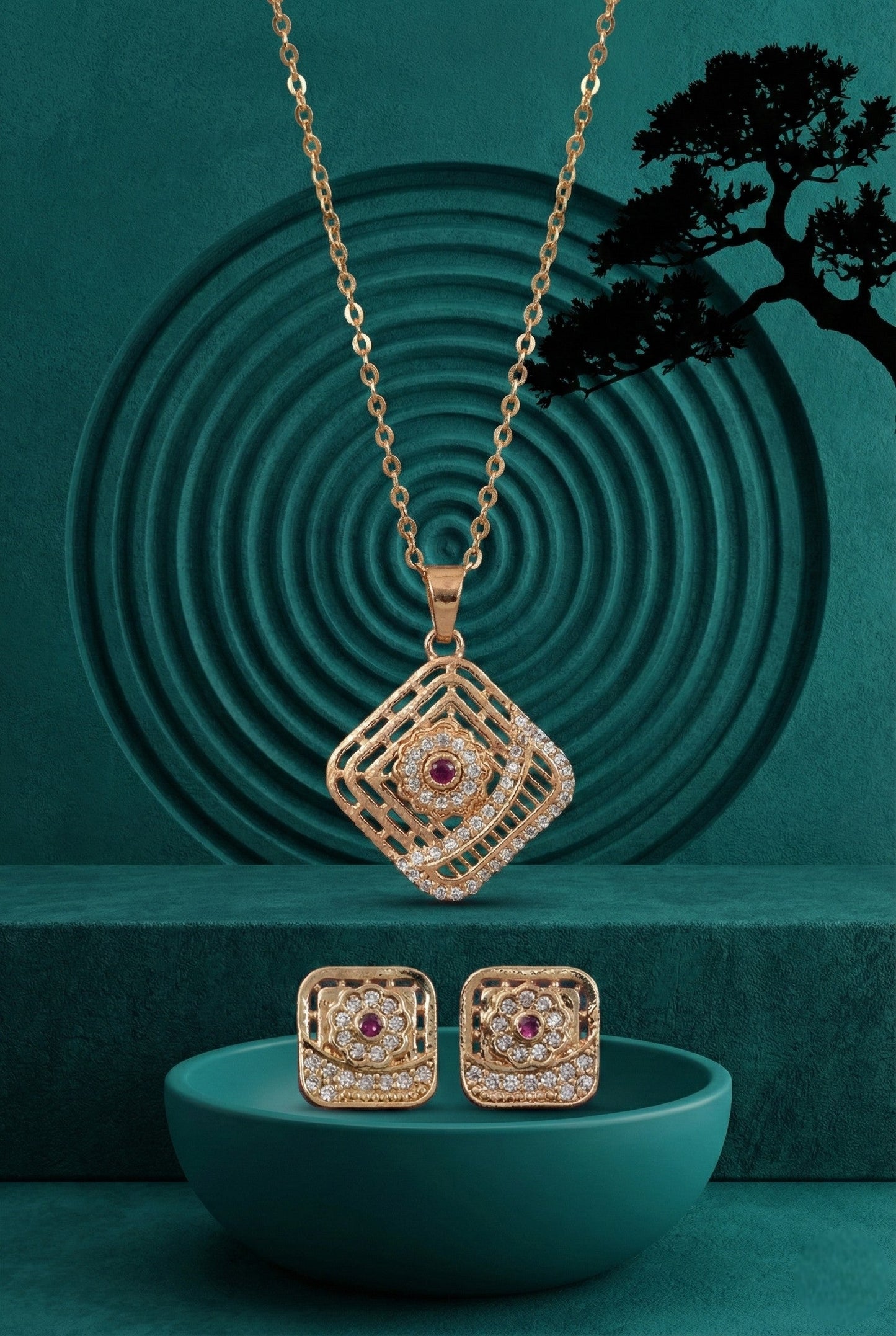 Meira Jewellery Rose Gold Plated Stone Studded Pendant Necklace with Pink Center Accent for Women, Lightweight Party Jewellery for Festive, Wedding, Evening, Daily Styling with Premium Finish Chain-01