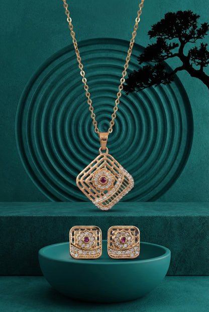 Meira Jewellery Rose Gold Plated Stone Studded Pendant Necklace with Pink Center Accent for Women, Lightweight Party Jewellery for Festive, Wedding, Evening, Daily Styling with Premium Finish Chain-01