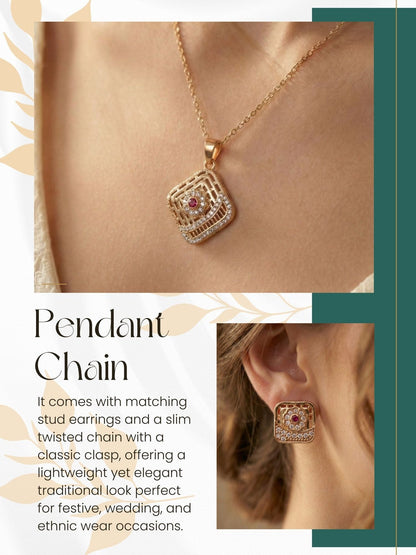 Meira Jewellery Rose Gold Plated Stone Studded Pendant Necklace with Pink Center Accent for Women, Lightweight Party Jewellery for Festive, Wedding, Evening, Daily Styling with Premium Finish Chain-01