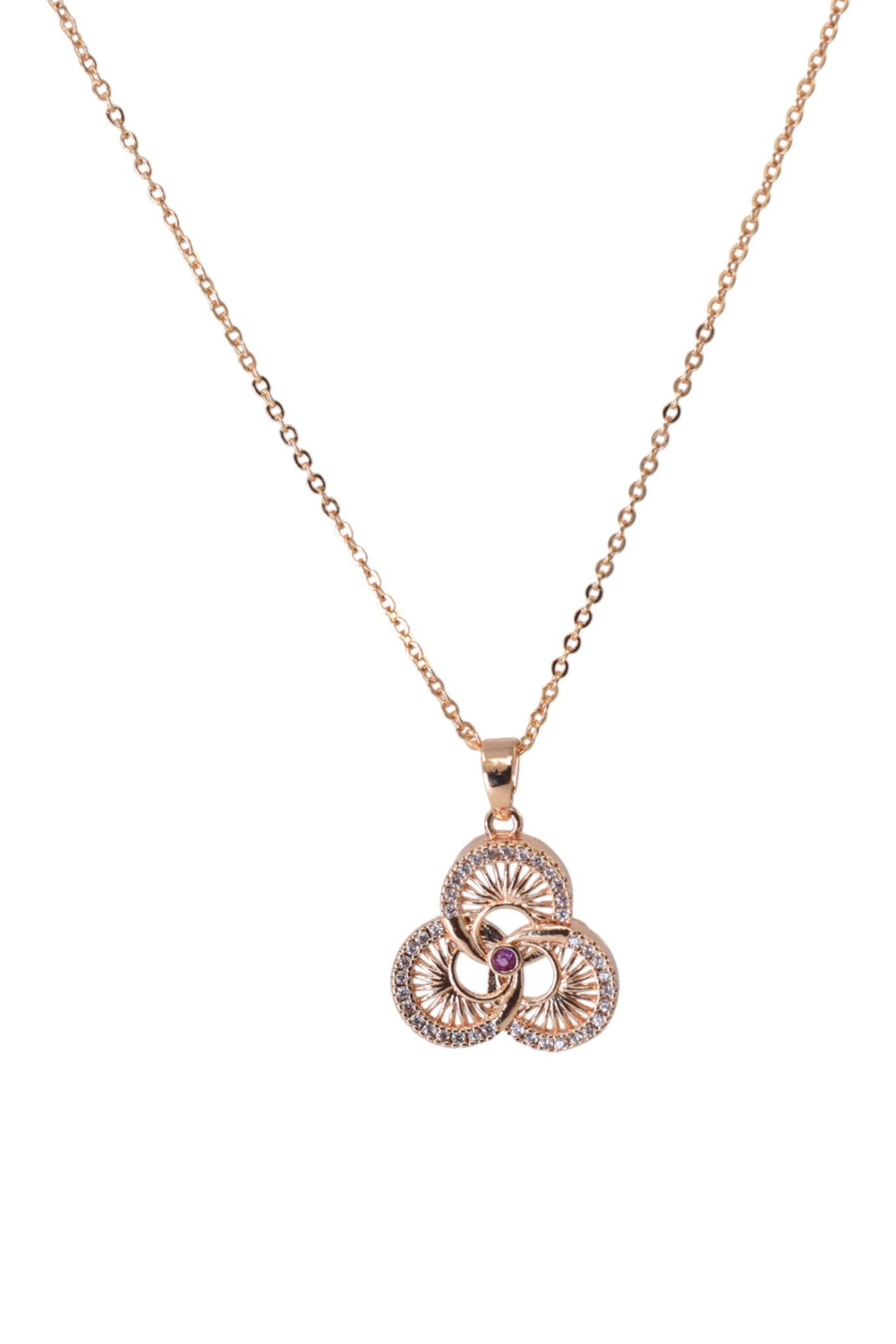 Meira Jewellery Rose Gold Plated Stone Studded Pendant Necklace with Pink Center Accent for Women, Lightweight Party Jewellery for Festive, Wedding, Evening, Daily Styling with Premium Finish Chain-02