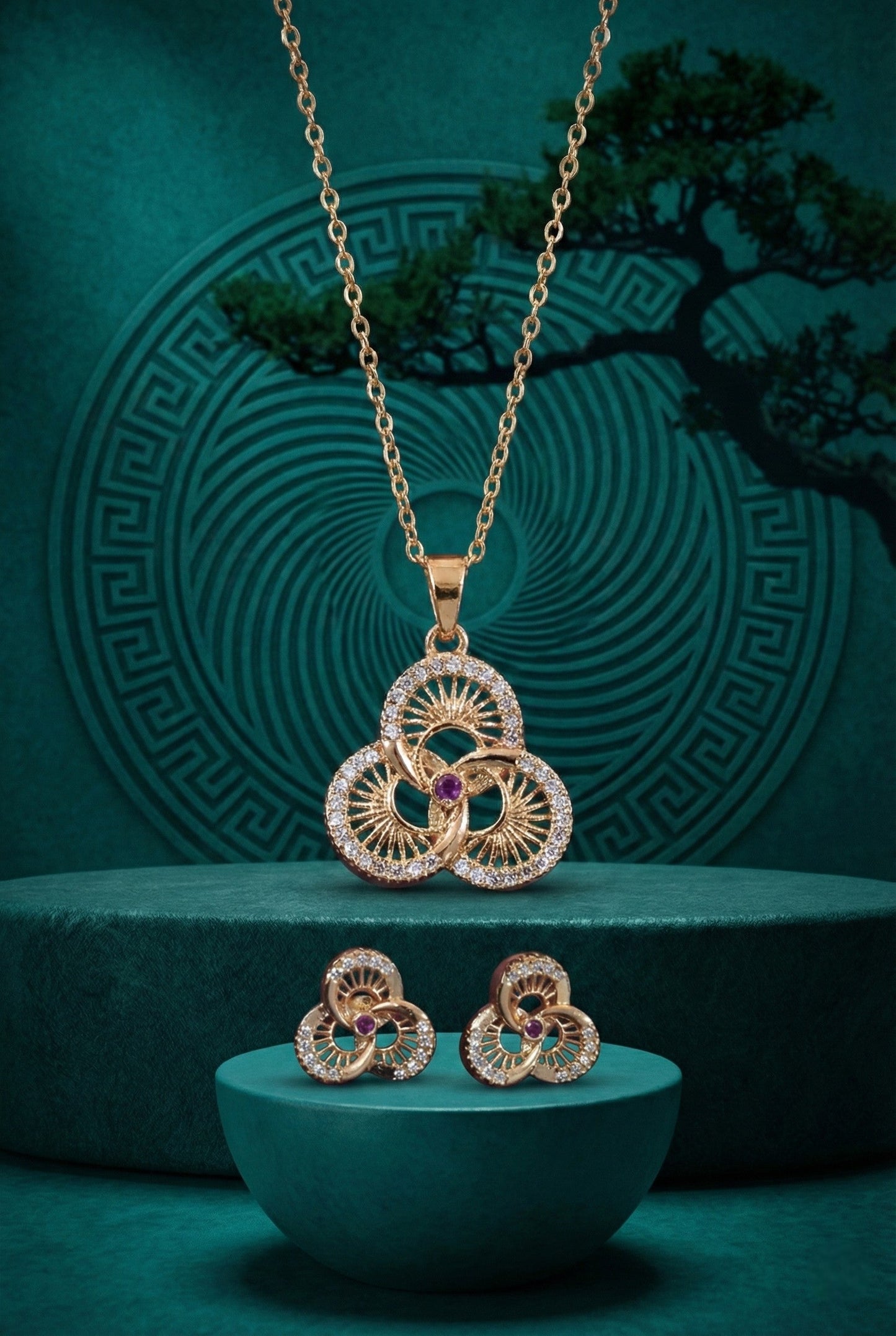 Meira Jewellery Rose Gold Plated Stone Studded Pendant Necklace with Pink Center Accent for Women, Lightweight Party Jewellery for Festive, Wedding, Evening, Daily Styling with Premium Finish Chain-02