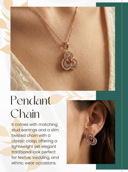Meira Jewellery Rose Gold Plated Stone Studded Pendant Necklace with Pink Center Accent for Women, Lightweight Party Jewellery for Festive, Wedding, Evening, Daily Styling with Premium Finish Chain-02