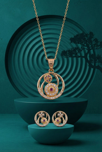 Meira Jewellery Gold Plated Stone Studded Pendant Necklace with Pink Center Accent for Women, Lightweight Party Jewellery for Festive, Wedding, Evening and Daily Styling with Premium Finish Chain-02