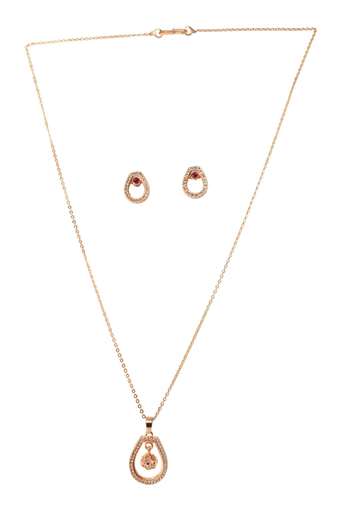 Meira Jewellery Rose Gold Plated Stone Studded Pendant Necklace with Pink Center Accent for Women, Lightweight Party Jewellery for Festive, Wedding, Evening, Daily Styling with Premium Finish Chain-01