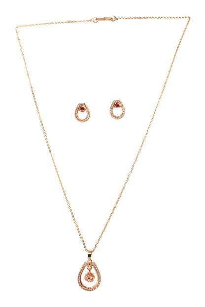 Meira Jewellery Rose Gold Plated Stone Studded Pendant Necklace with Pink Center Accent for Women, Lightweight Party Jewellery for Festive, Wedding, Evening, Daily Styling with Premium Finish Chain-01