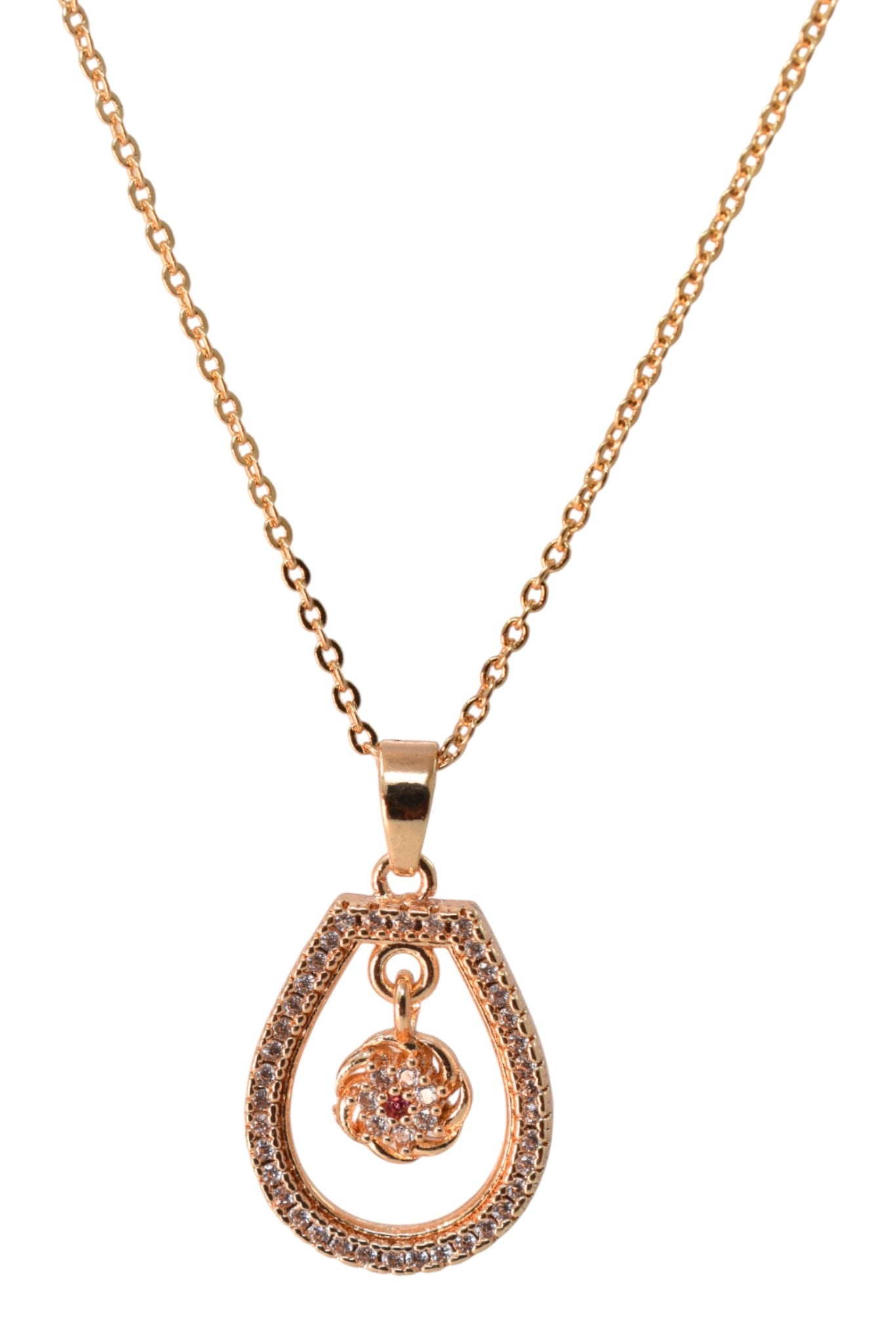 Meira Jewellery Rose Gold Plated Stone Studded Pendant Necklace with Pink Center Accent for Women, Lightweight Party Jewellery for Festive, Wedding, Evening, Daily Styling with Premium Finish Chain-01