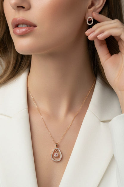 Meira Jewellery Rose Gold Plated Stone Studded Pendant Necklace with Pink Center Accent for Women, Lightweight Party Jewellery for Festive, Wedding, Evening, Daily Styling with Premium Finish Chain-01