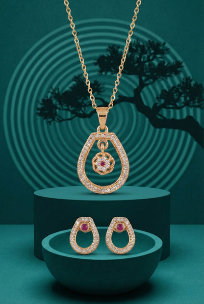 Meira Jewellery Rose Gold Plated Stone Studded Pendant Necklace with Pink Center Accent for Women, Lightweight Party Jewellery for Festive, Wedding, Evening, Daily Styling with Premium Finish Chain-01