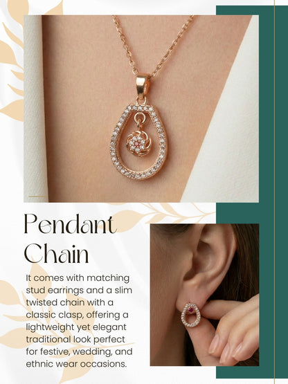 Meira Jewellery Rose Gold Plated Stone Studded Pendant Necklace with Pink Center Accent for Women, Lightweight Party Jewellery for Festive, Wedding, Evening, Daily Styling with Premium Finish Chain-01