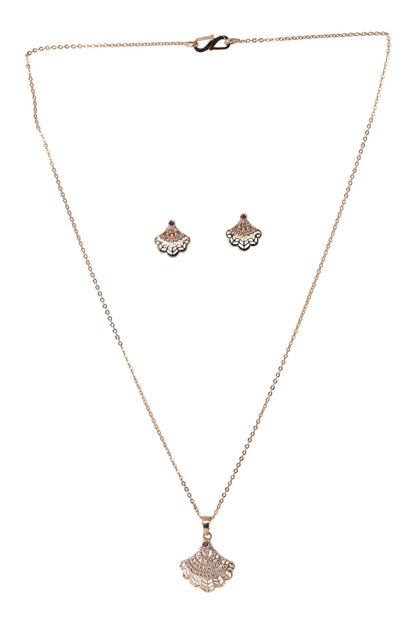 Meira Jewellery Rose Gold Plated Stone Studded Pendant Necklace with Pink Center Accent for Women, Lightweight Party Jewellery for Festive, Wedding, Evening, Daily Styling with Premium Finish Chain-06