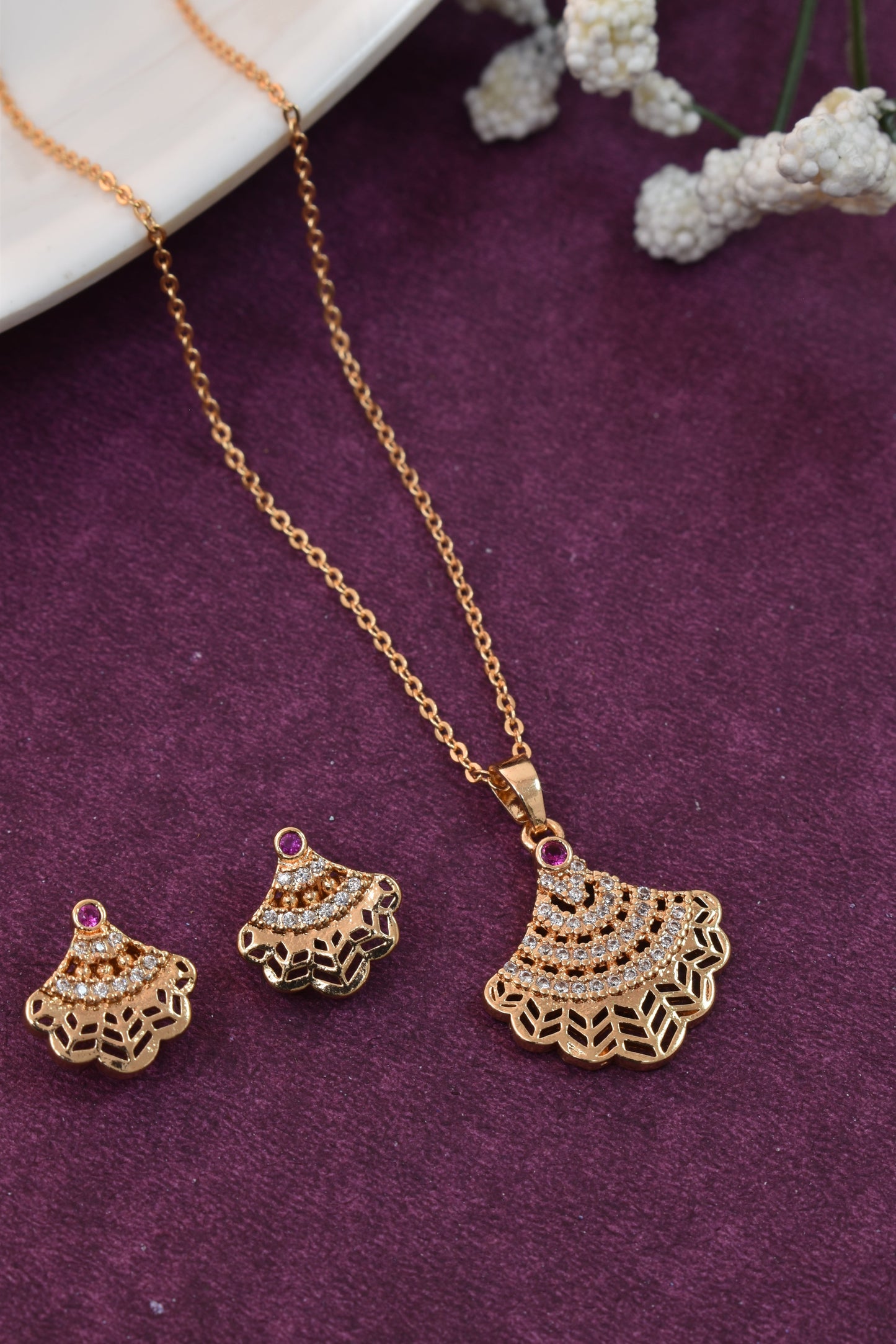 Meira Jewellery Rose Gold Plated Stone Studded Pendant Necklace with Pink Center Accent for Women, Lightweight Party Jewellery for Festive, Wedding, Evening, Daily Styling with Premium Finish Chain-06