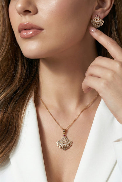 Meira Jewellery Rose Gold Plated Stone Studded Pendant Necklace with Pink Center Accent for Women, Lightweight Party Jewellery for Festive, Wedding, Evening, Daily Styling with Premium Finish Chain-06