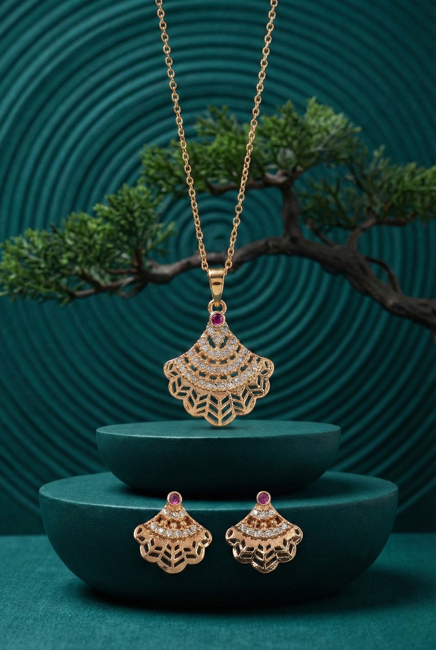 Meira Jewellery Rose Gold Plated Stone Studded Pendant Necklace with Pink Center Accent for Women, Lightweight Party Jewellery for Festive, Wedding, Evening, Daily Styling with Premium Finish Chain-06