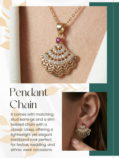 Meira Jewellery Rose Gold Plated Stone Studded Pendant Necklace with Pink Center Accent for Women, Lightweight Party Jewellery for Festive, Wedding, Evening, Daily Styling with Premium Finish Chain-06