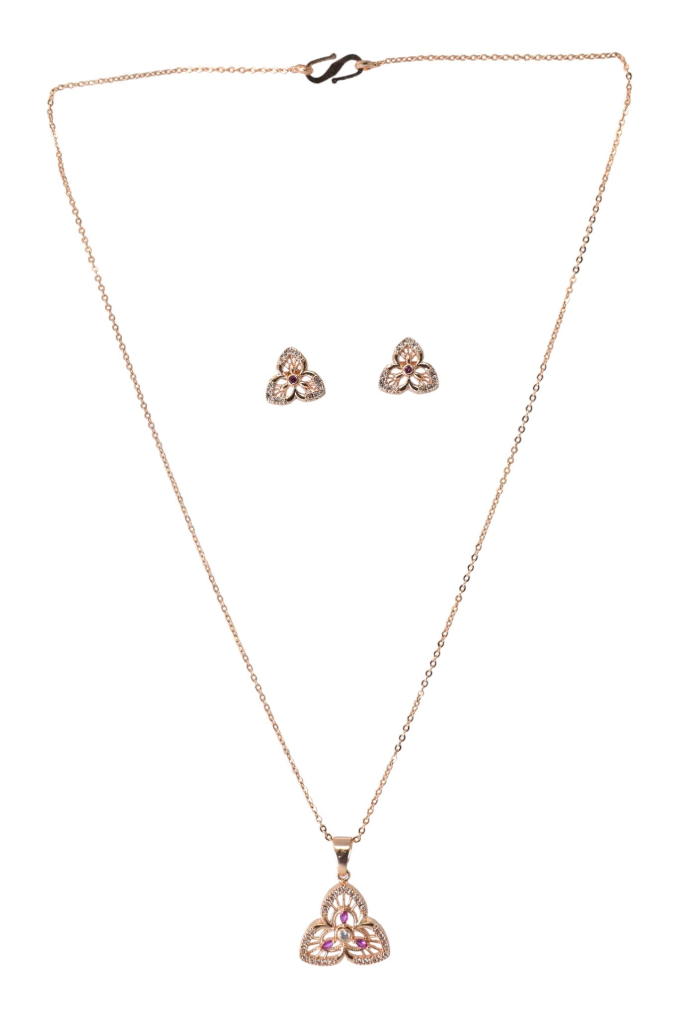 Meira Jewellery Rose Gold Plated Stone Studded Pendant Necklace with Pink Center Accent for Women, Lightweight Party Jewellery for Festive, Wedding, Evening, Daily Styling with Premium Finish Chain-07