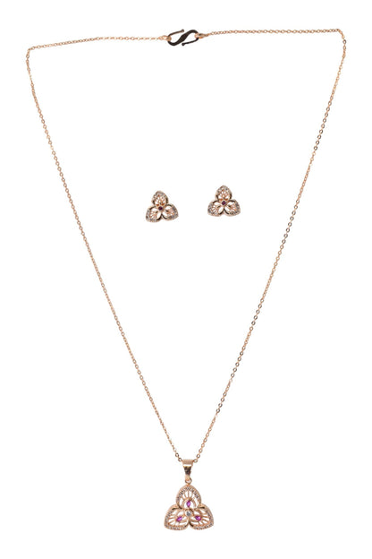 Meira Jewellery Rose Gold Plated Stone Studded Pendant Necklace with Pink Center Accent for Women, Lightweight Party Jewellery for Festive, Wedding, Evening, Daily Styling with Premium Finish Chain-07