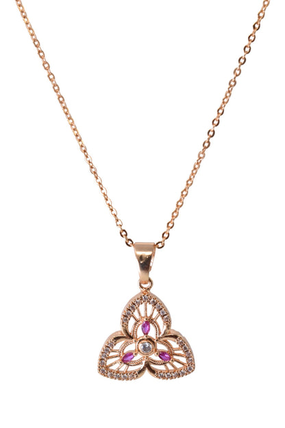 Meira Jewellery Rose Gold Plated Stone Studded Pendant Necklace with Pink Center Accent for Women, Lightweight Party Jewellery for Festive, Wedding, Evening, Daily Styling with Premium Finish Chain-07