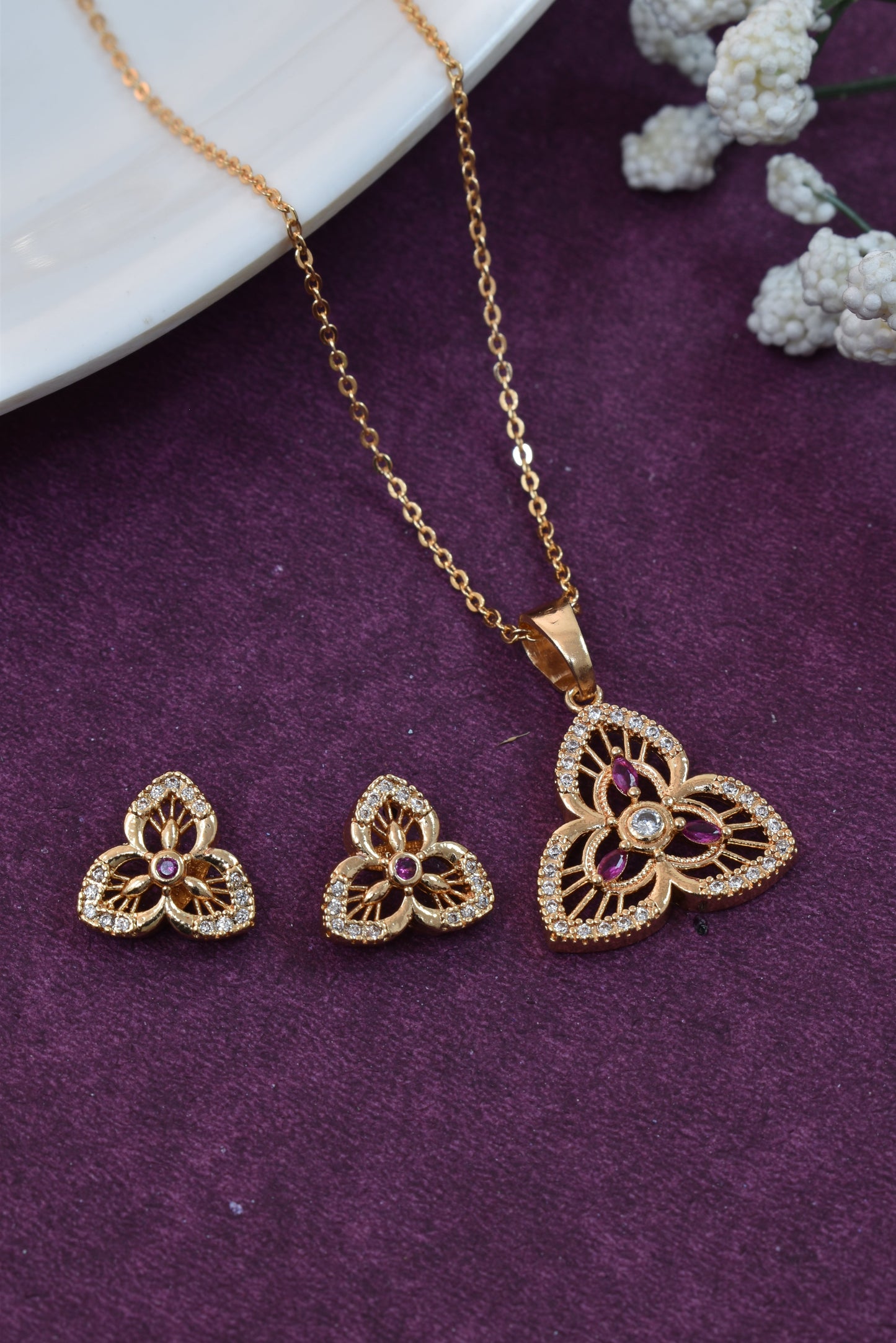 Meira Jewellery Rose Gold Plated Stone Studded Pendant Necklace with Pink Center Accent for Women, Lightweight Party Jewellery for Festive, Wedding, Evening, Daily Styling with Premium Finish Chain-07