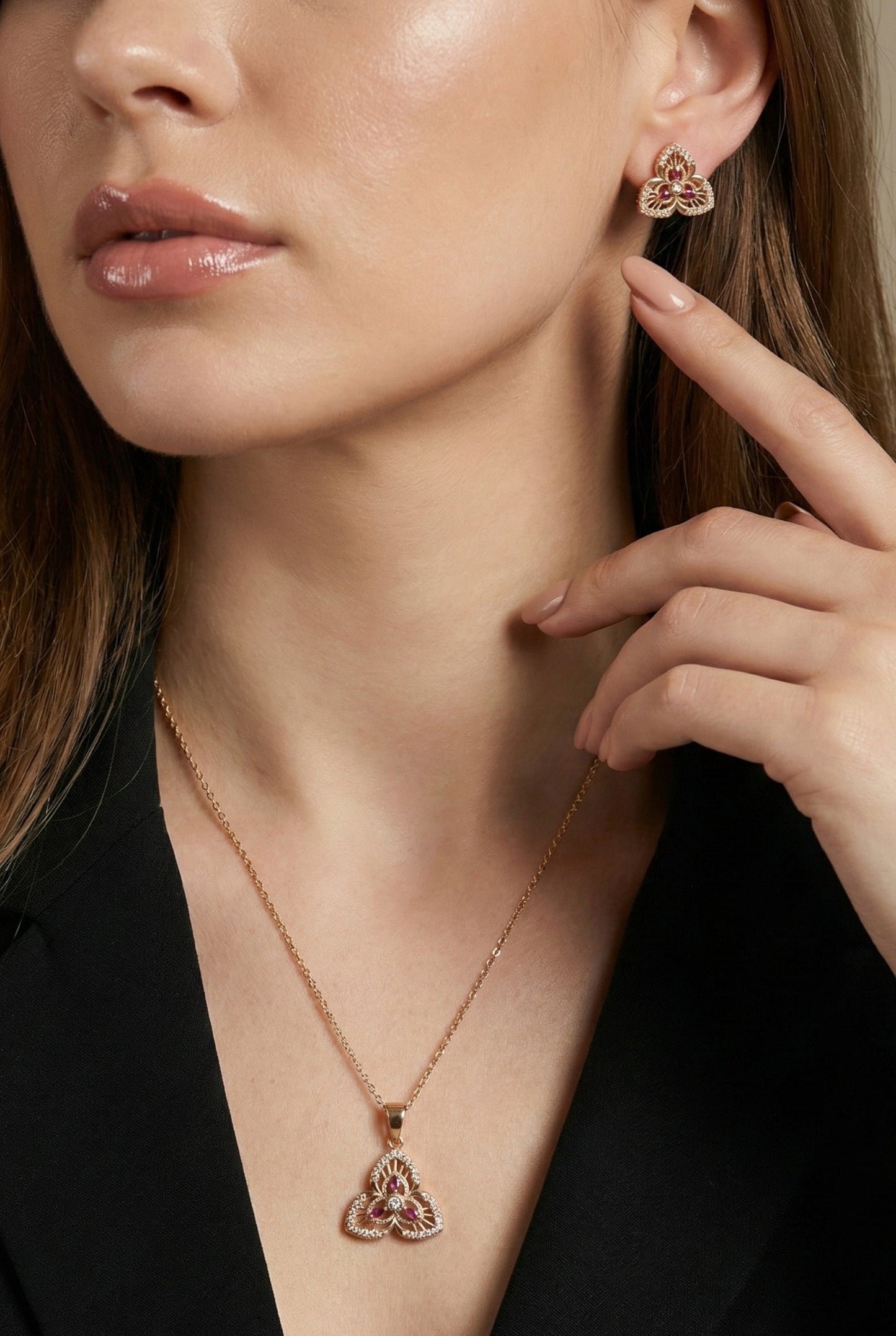 Meira Jewellery Rose Gold Plated Stone Studded Pendant Necklace with Pink Center Accent for Women, Lightweight Party Jewellery for Festive, Wedding, Evening, Daily Styling with Premium Finish Chain-07