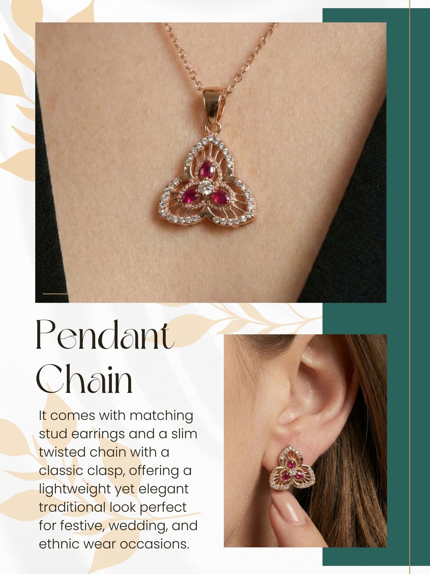 Meira Jewellery Rose Gold Plated Stone Studded Pendant Necklace with Pink Center Accent for Women, Lightweight Party Jewellery for Festive, Wedding, Evening, Daily Styling with Premium Finish Chain-07