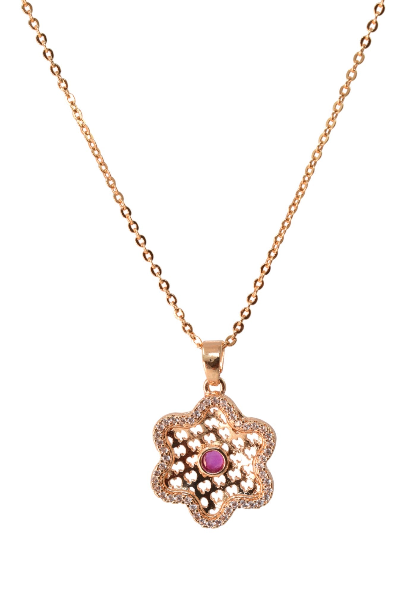 Meira Jewellery Gold Plated Stone Studded Pendant Necklace with Pink Center Accent for Women, Lightweight Party Jewellery for Festive, Wedding, Evening and Daily Styling with Premium Finish Chain-02