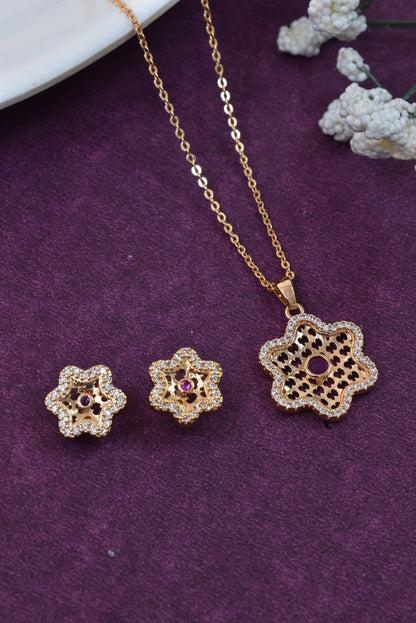 Meira Jewellery Gold Plated Stone Studded Pendant Necklace with Pink Center Accent for Women, Lightweight Party Jewellery for Festive, Wedding, Evening and Daily Styling with Premium Finish Chain-02