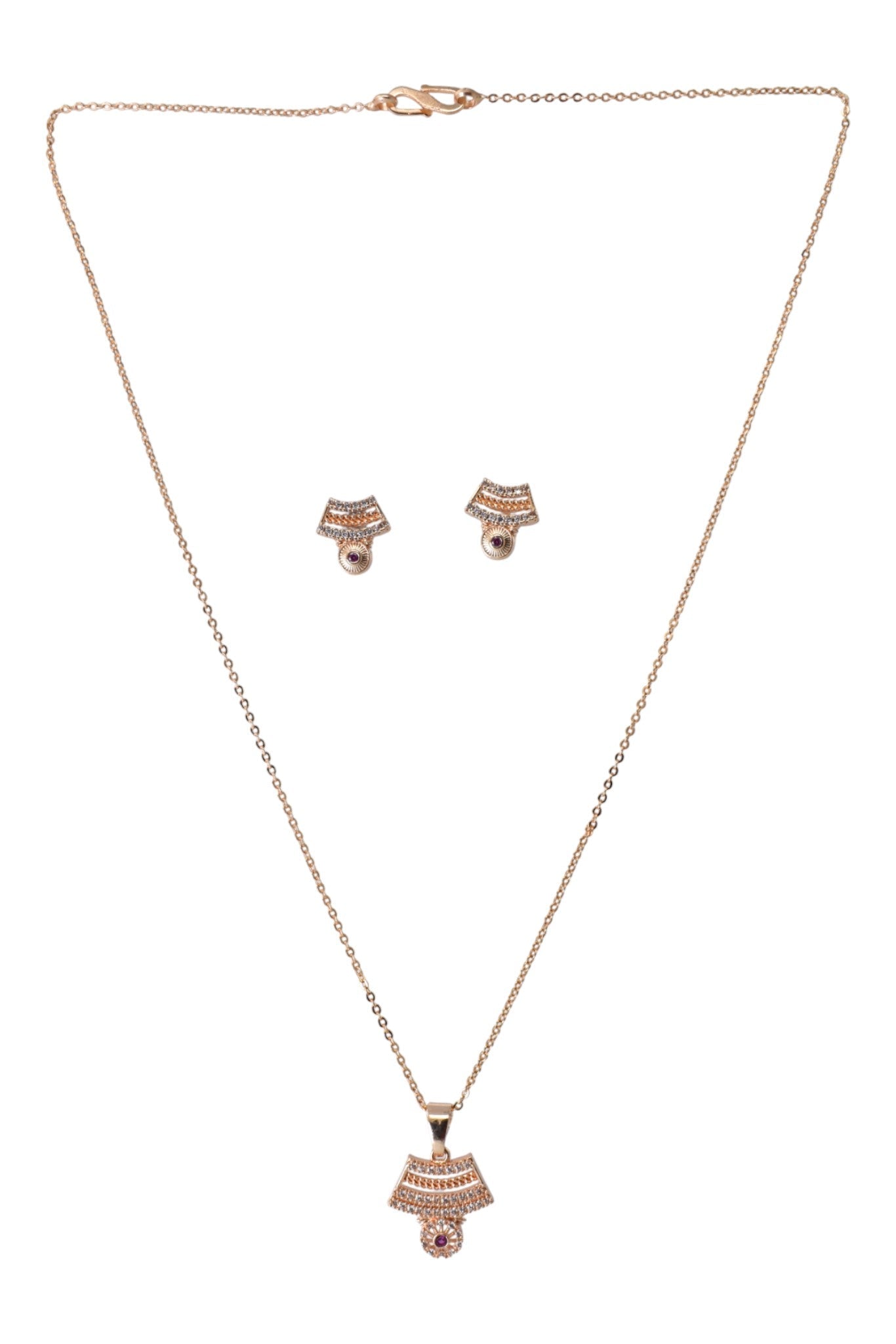 Meira Jewellery Rose Gold Plated Stone Studded Pendant Necklace with Pink Center Accent for Women, Lightweight Party Jewellery for Festive, Wedding, Evening, Daily Styling with Premium Finish Chain-09