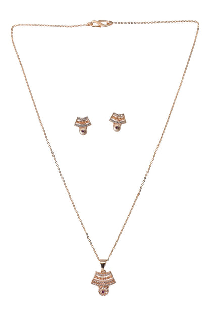 Meira Jewellery Rose Gold Plated Stone Studded Pendant Necklace with Pink Center Accent for Women, Lightweight Party Jewellery for Festive, Wedding, Evening, Daily Styling with Premium Finish Chain-09