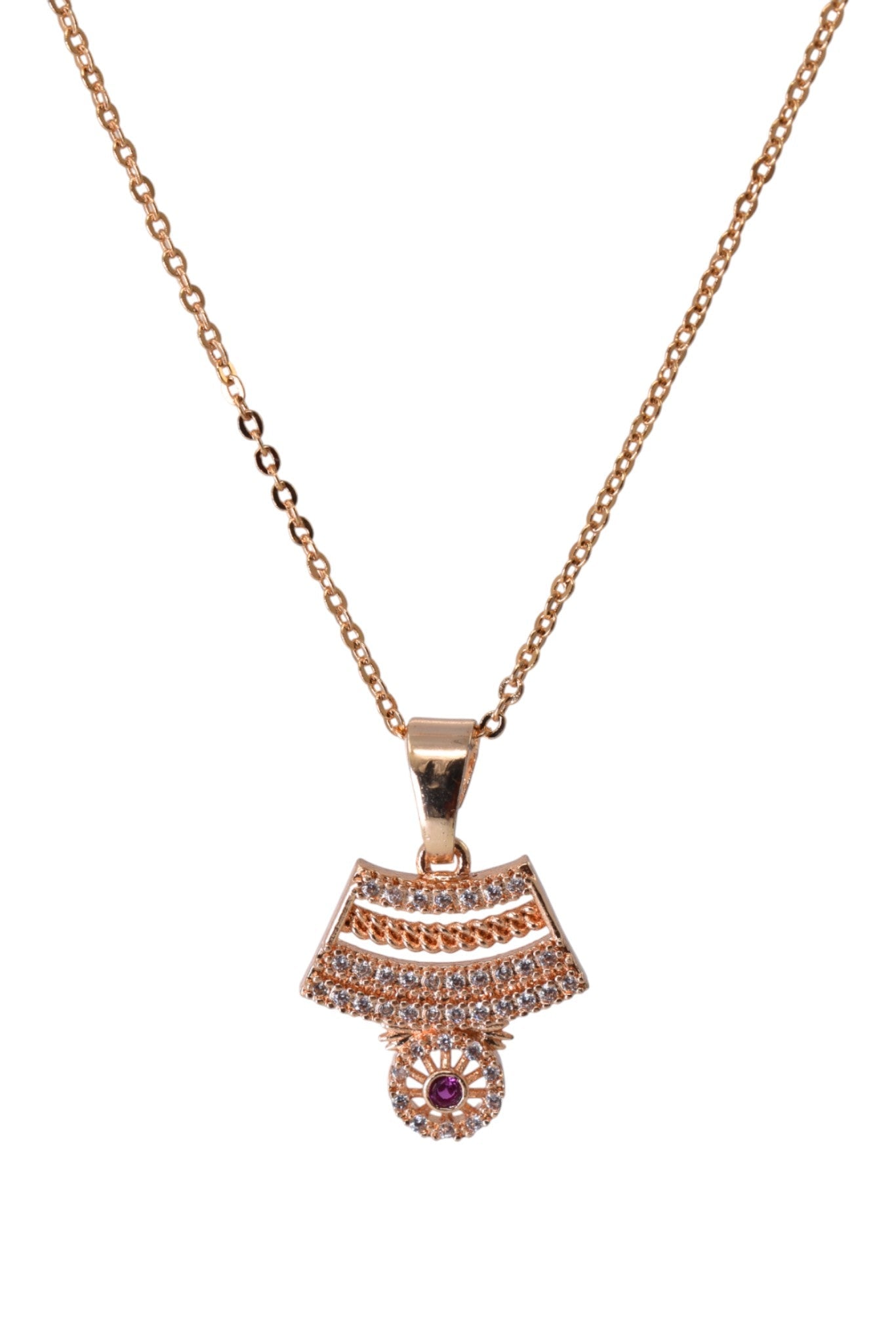 Meira Jewellery Rose Gold Plated Stone Studded Pendant Necklace with Pink Center Accent for Women, Lightweight Party Jewellery for Festive, Wedding, Evening, Daily Styling with Premium Finish Chain-09