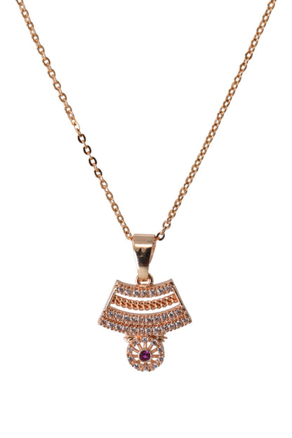 Meira Jewellery Rose Gold Plated Stone Studded Pendant Necklace with Pink Center Accent for Women, Lightweight Party Jewellery for Festive, Wedding, Evening, Daily Styling with Premium Finish Chain-09