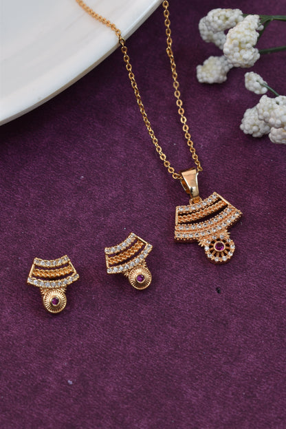 Meira Jewellery Rose Gold Plated Stone Studded Pendant Necklace with Pink Center Accent for Women, Lightweight Party Jewellery for Festive, Wedding, Evening, Daily Styling with Premium Finish Chain-09