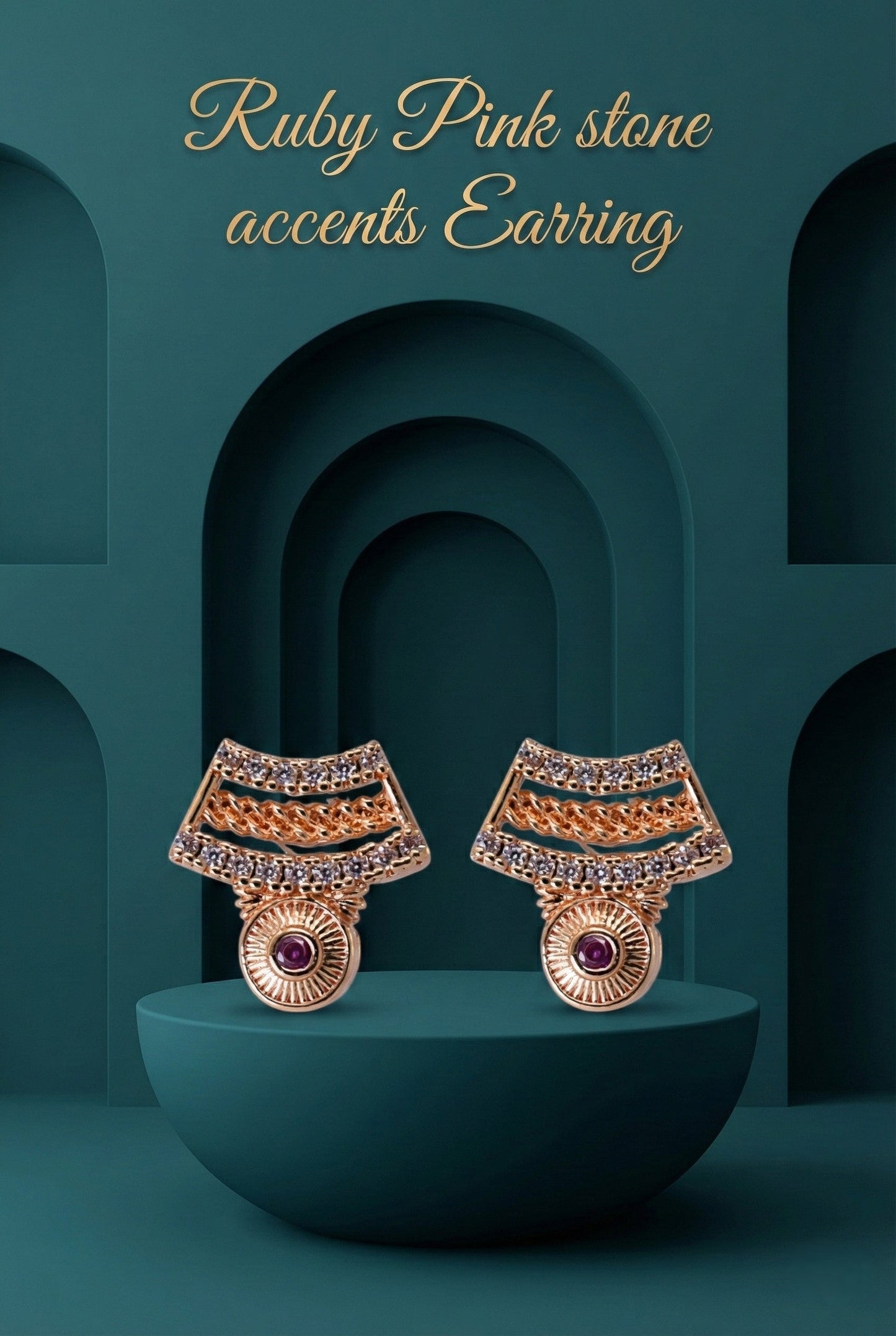 Meira Jewellery Rose Gold Plated Stone Studded Pendant Necklace with Pink Center Accent for Women, Lightweight Party Jewellery for Festive, Wedding, Evening, Daily Styling with Premium Finish Chain-09