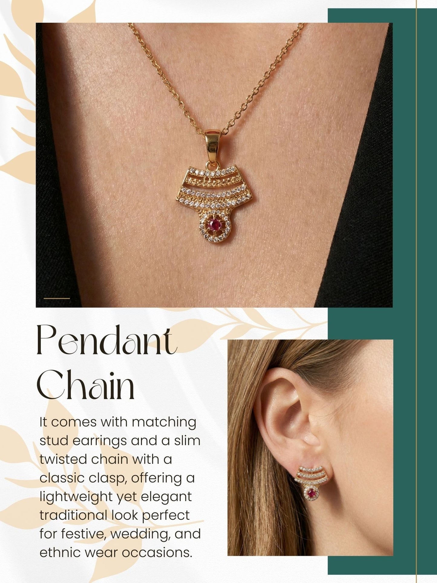 Meira Jewellery Rose Gold Plated Stone Studded Pendant Necklace with Pink Center Accent for Women, Lightweight Party Jewellery for Festive, Wedding, Evening, Daily Styling with Premium Finish Chain-09