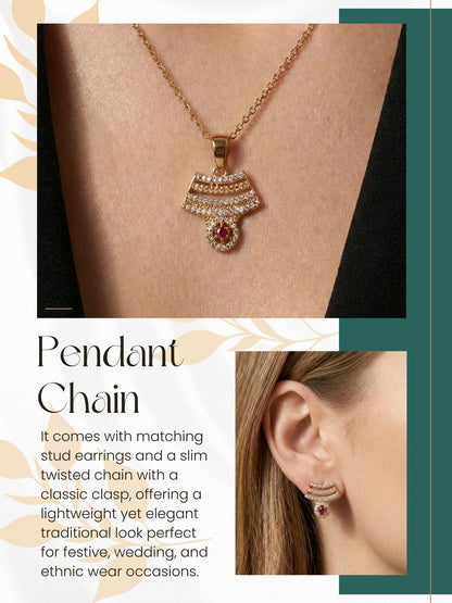 Meira Jewellery Rose Gold Plated Stone Studded Pendant Necklace with Pink Center Accent for Women, Lightweight Party Jewellery for Festive, Wedding, Evening, Daily Styling with Premium Finish Chain-09