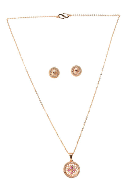 Meira Jewellery Rose Gold Plated Stone Studded Pendant Necklace with Pink Center Accent for Women, Lightweight Party Jewellery for Festive, Wedding, Evening, Daily Styling with Premium Finish Chain-10