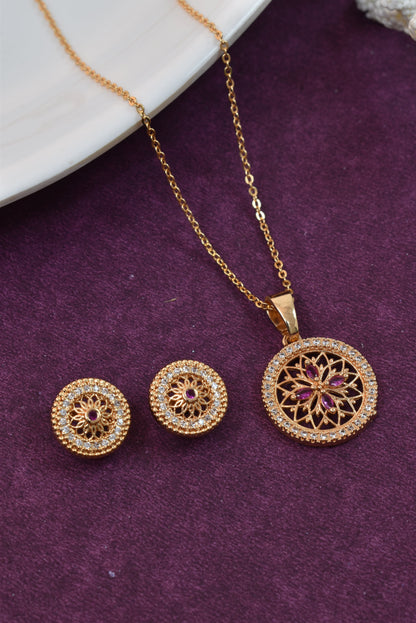 Meira Jewellery Rose Gold Plated Stone Studded Pendant Necklace with Pink Center Accent for Women, Lightweight Party Jewellery for Festive, Wedding, Evening, Daily Styling with Premium Finish Chain-10