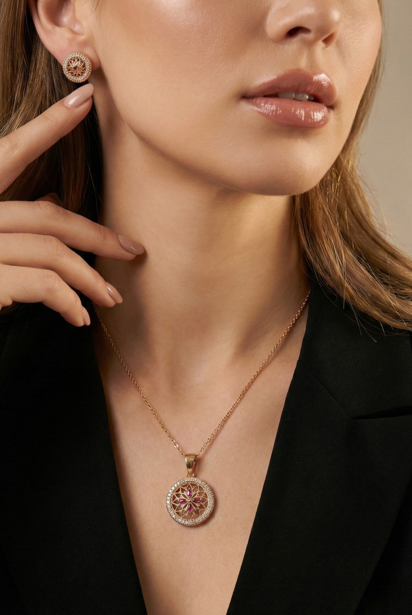 Meira Jewellery Rose Gold Plated Stone Studded Pendant Necklace with Pink Center Accent for Women, Lightweight Party Jewellery for Festive, Wedding, Evening, Daily Styling with Premium Finish Chain-10