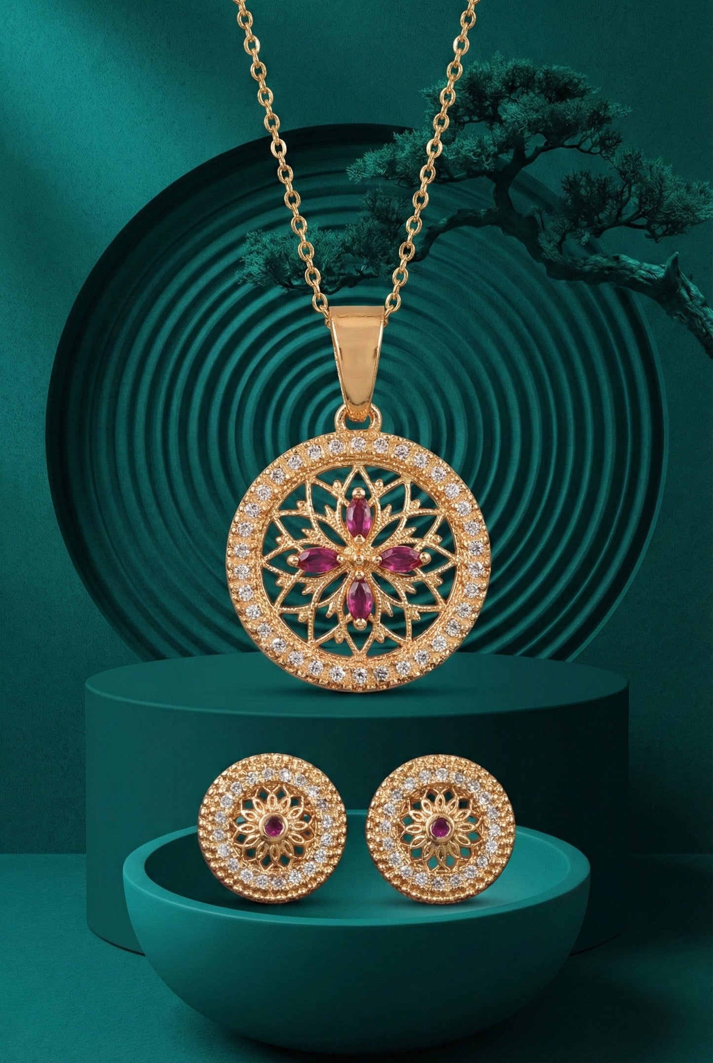 Meira Jewellery Rose Gold Plated Stone Studded Pendant Necklace with Pink Center Accent for Women, Lightweight Party Jewellery for Festive, Wedding, Evening, Daily Styling with Premium Finish Chain-10